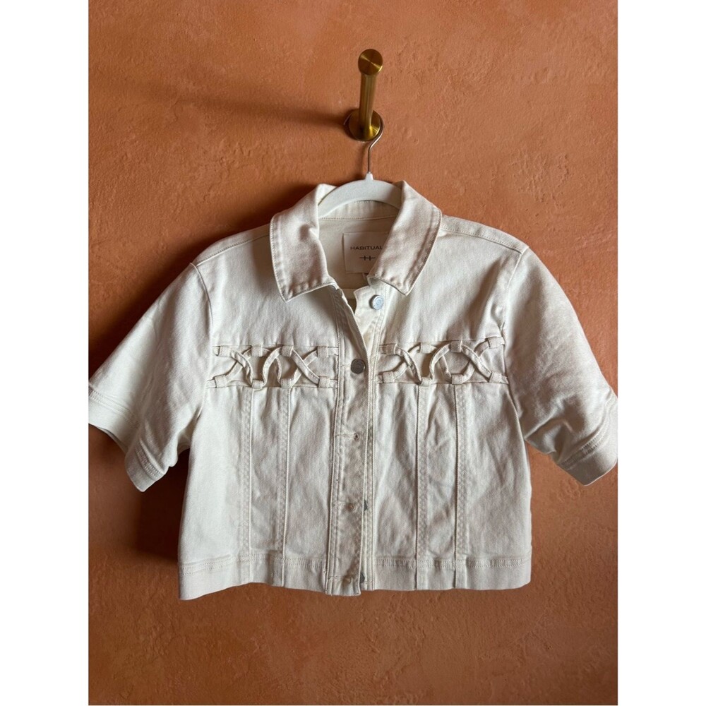 Habitual Cropped Denim Jacket Cream Braided Trim Short Sleeve Small